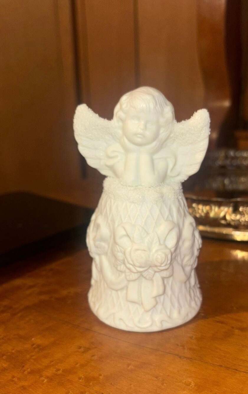 Bisque Porcelain Cherub Angel Bell with Sparkling Collar and Rose Garland